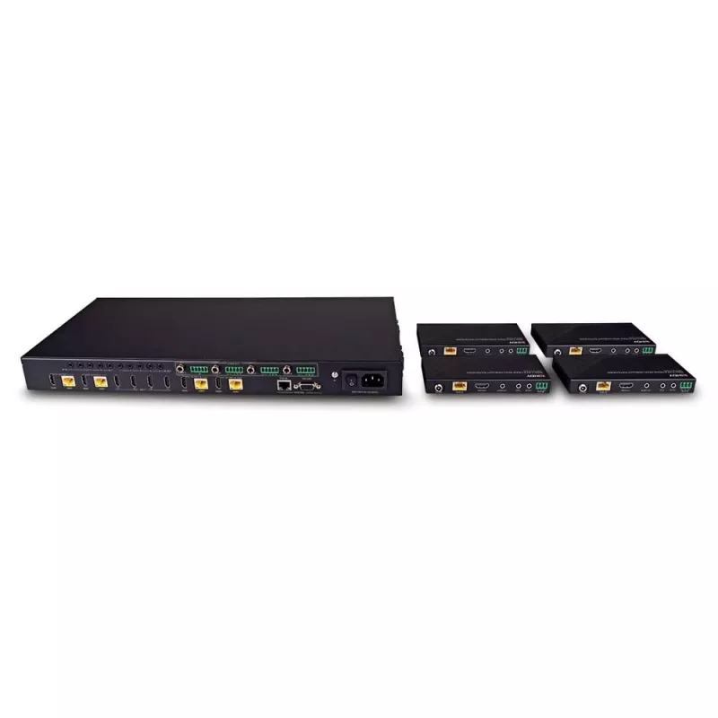 Lindy 150m Cat.6 4x4 HDMI 4K60 HDBaseT Matrycowy Ekspander, 3840 x 2160 pikseli, nadajnik i odbiornik AV, 150 m, Przewodowy, Czarny, HDCP