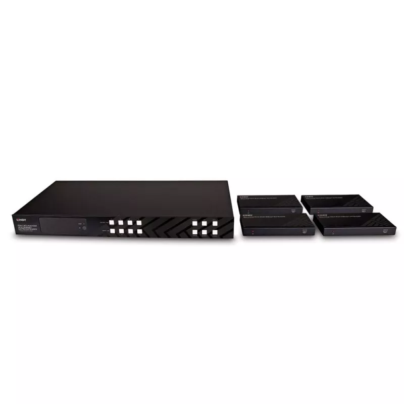 Lindy 150m Cat.6 4x4 HDMI 4K60 HDBaseT Matrycowy Ekspander, 3840 x 2160 pikseli, nadajnik i odbiornik AV, 150 m, Przewodowy, Czarny, HDCP