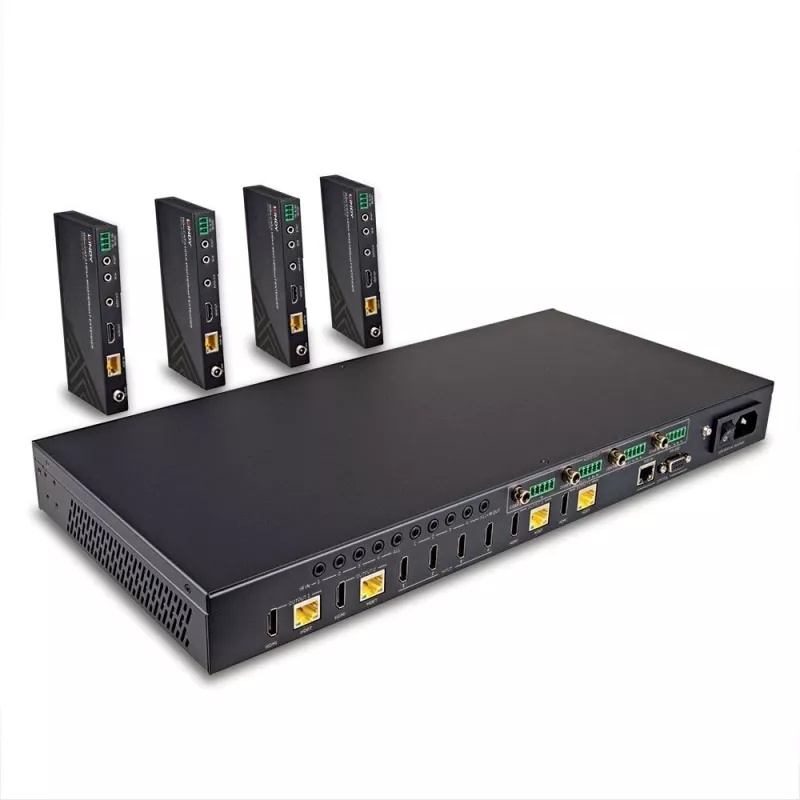 Lindy 150m Cat.6 4x4 HDMI 4K60 HDBaseT Matrycowy Ekspander, 3840 x 2160 pikseli, nadajnik i odbiornik AV, 150 m, Przewodowy, Czarny, HDCP