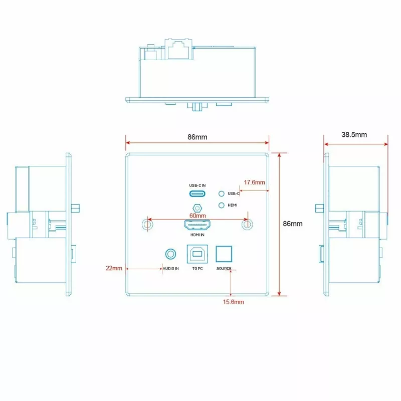 Lindy 150m Cat.6 HDMI 4K60 i Type C HDBaseT UK nadajnik KVM z płytą ścienną, nadajnik