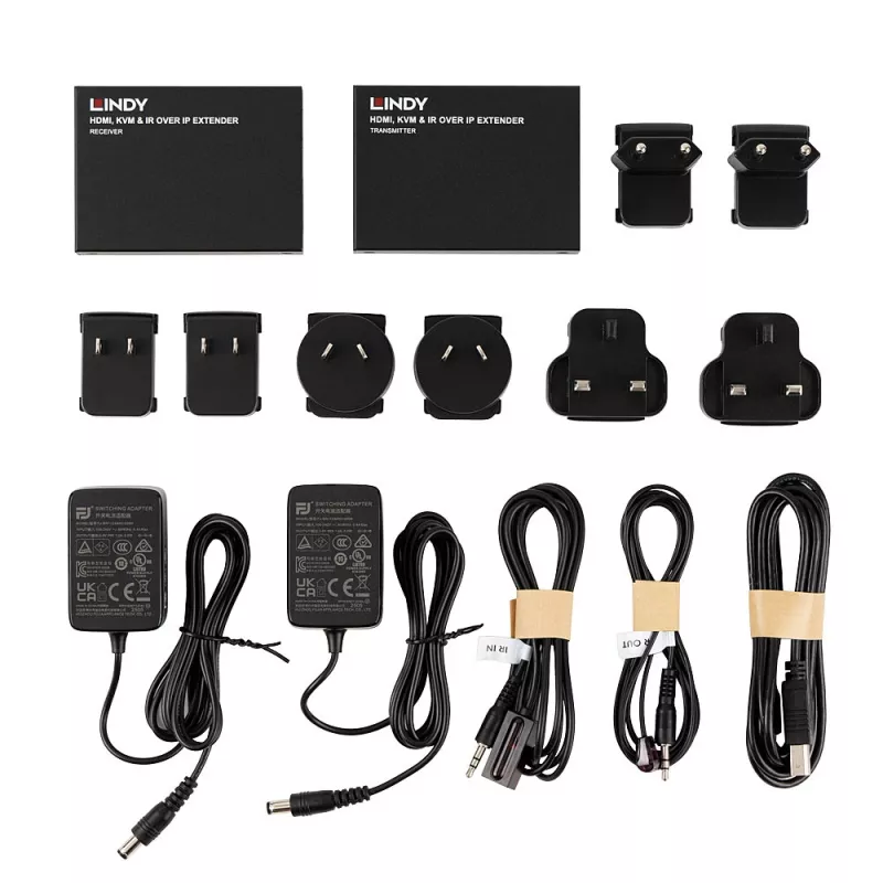 Lindy HDMI, KVM i IR Extender over IP, Nadajnik i odbiornik, Przewodowy, 150 m, Cat5e, Cat6, Czarny, Metal