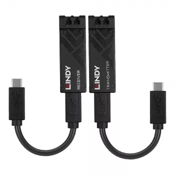 Lindy 100m Fibre Optic USB 3.2 Type C Extender, nadajnik i odbiornik sieciowy, 100 m, 10000 Mbit/s, światłowód, USB 3.2 Gen 1 (3.1 Gen 1) Type-C, czarny