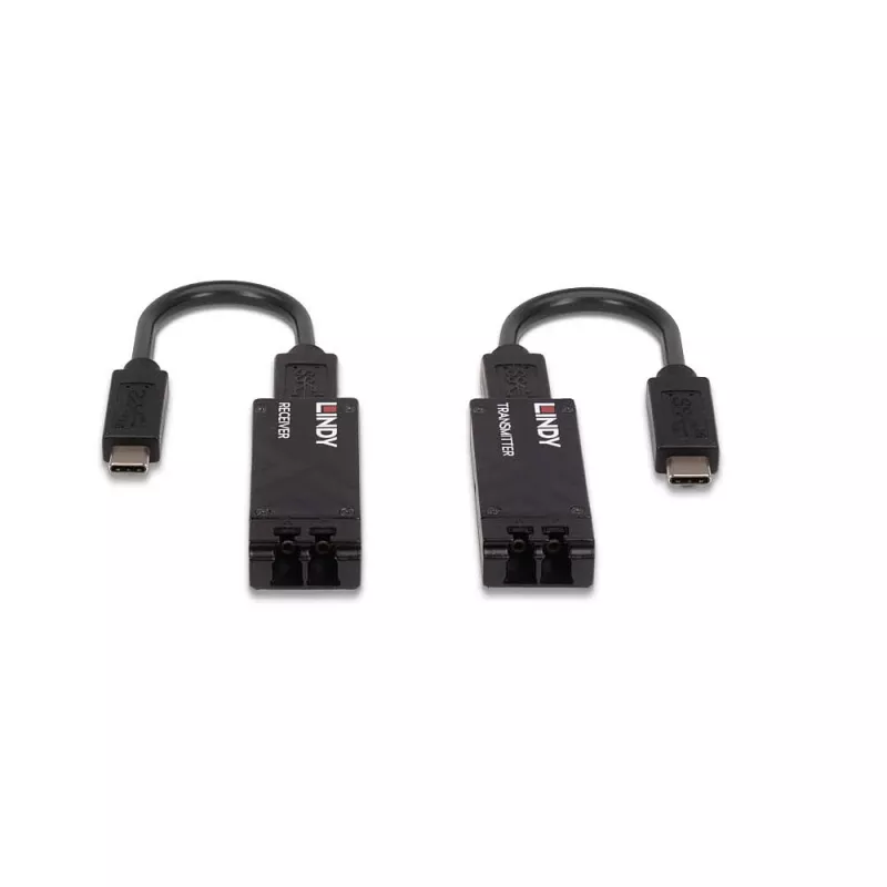 Lindy 100m Fibre Optic USB 3.2 Type C Extender, nadajnik i odbiornik sieciowy, 100 m, 10000 Mbit/s, światłowód, USB 3.2 Gen 1 (3.1 Gen 1) Type-C, czarny