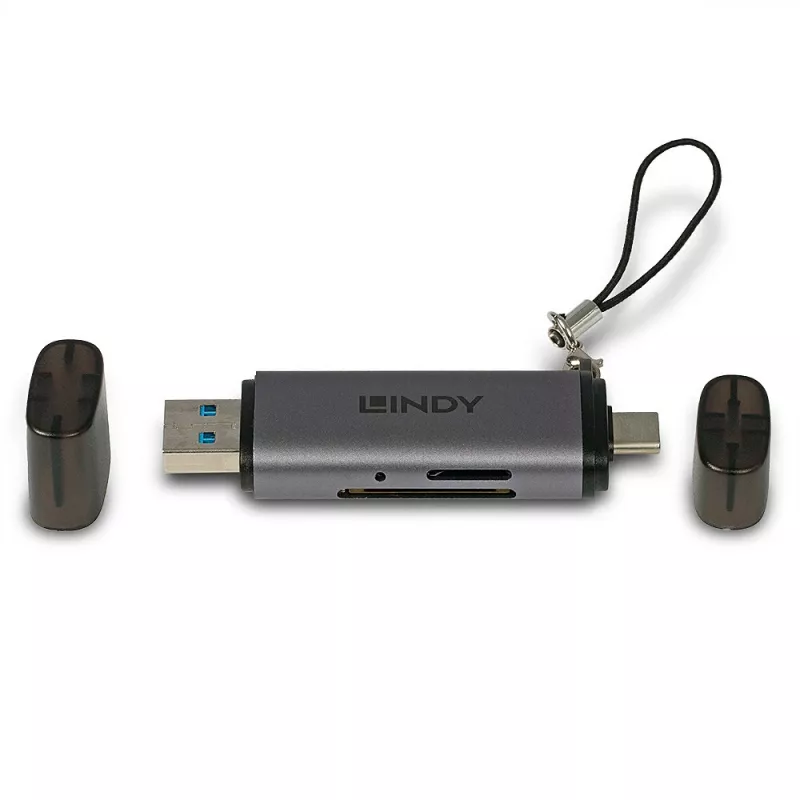 Lindy USB 3.2 Type C i A SD / Micro SD czytnik kart, MiniSD, SD, czarny, szary, 5000 Mbit/s, USB 3.2 Gen 1 (3.1 Gen 1) Type-A/Type-C, 78,5 mm, 22,5 mm