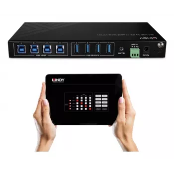 Lindy 4x4 USB 3.2 Gen 1 przełącznik matrycowy, 5 Gbit/s, czarny, metalowy, obrotowy, CE, FCC, RoHS i REACH, USB Type-A, USB Type-B