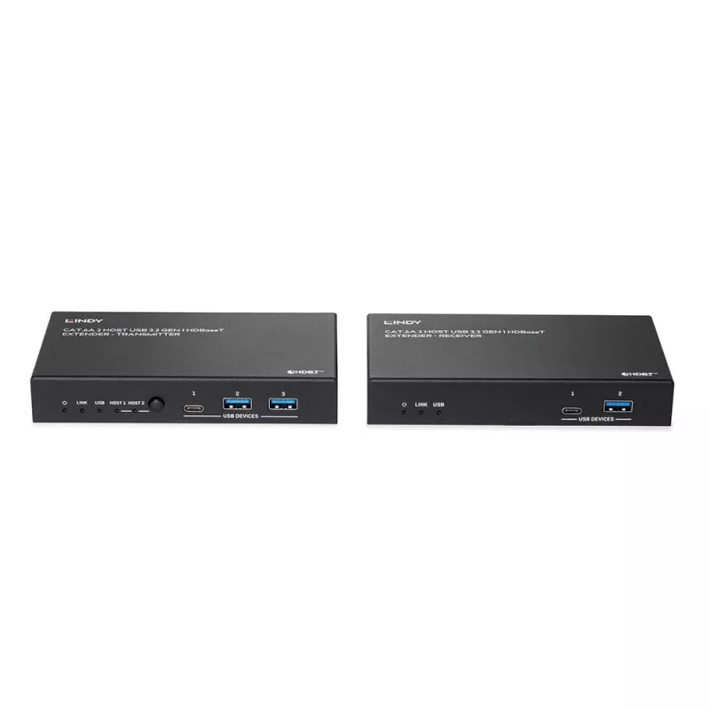 Lindy 100m Cat.6A 2 Host USB 3.2 Gen 1 HDBaseT Extender, Nadajnik i odbiornik sieciowy, 100 m, 480 Mbit/s, Cat6a, VS6320, Brąz fosforowy