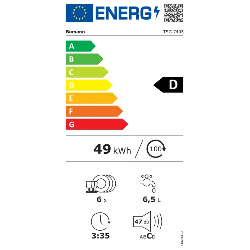 Blatowa zmywarka BOMANN TSG 7405, 6 nakryć, 47 dB, 5 programów, pełnowymiarowa