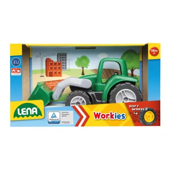 Ciągnik zabawkowy Lena Workies 01263 z łyżką — plastikowa jeżdżąca zabawka budowlana, odpowiednia do zabawy na zewnątrz i wewnątrz