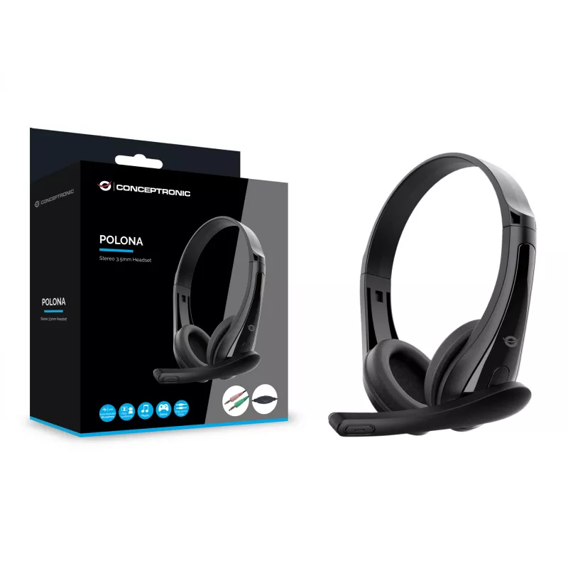Przewodowy zestaw słuchawkowy CONCEPTRONIC POLONA06B3T, stereo 3.5 mm, mikrofon z redukcją szumów, nauszne, 20–20000 Hz, kabel 1,8 m, czarny