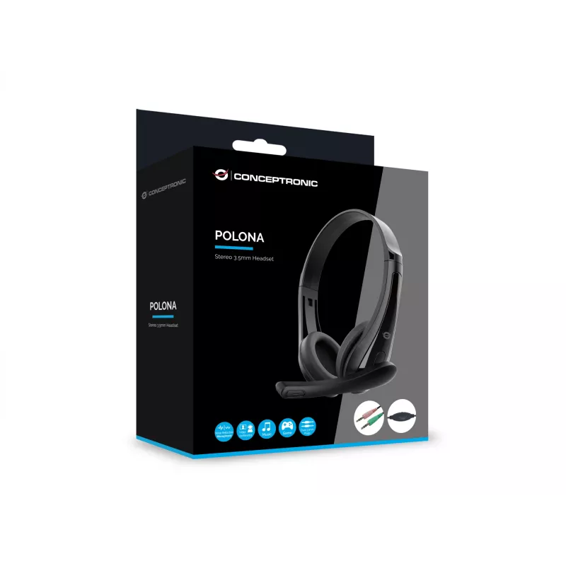 Przewodowy zestaw słuchawkowy CONCEPTRONIC POLONA06B3T, stereo 3.5 mm, mikrofon z redukcją szumów, nauszne, 20–20000 Hz, kabel 1,8 m, czarny