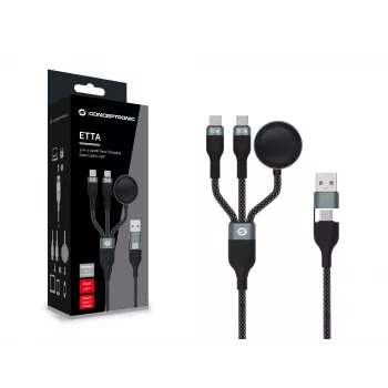 Kabel do szybkiego ładowania i danych USB A na 2× USB-C 3-w-1 Conceptronic ETTA08B15 — 1,5 m, USB 2.0, 5A, ładowarka do Apple Watch, 100W E‑Mark