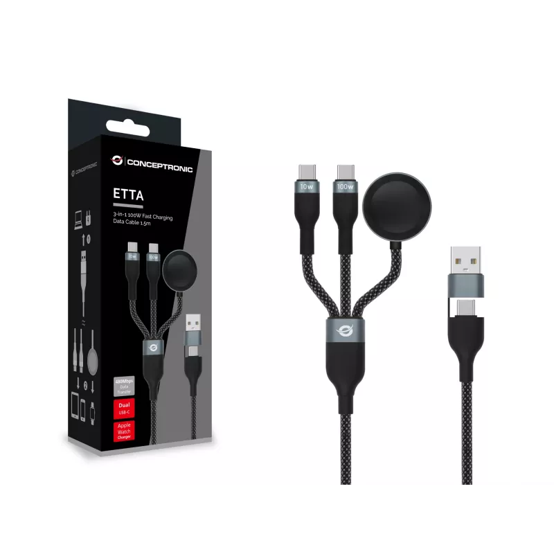 Kabel do szybkiego ładowania i danych USB A na 2× USB-C 3-w-1 Conceptronic ETTA08B15 — 1,5 m, USB 2.0, 5A, ładowarka do Apple Watch, 100W E‑Mark