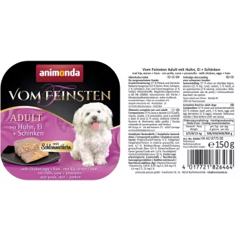 Mokra karma dla psa animonda Vom Feinsten Gourmet Core — Kurczak, Jajko i Szynka, tacka 150 g, bezzbożowa, dla dorosłych psów małych ras (5–10 kg)