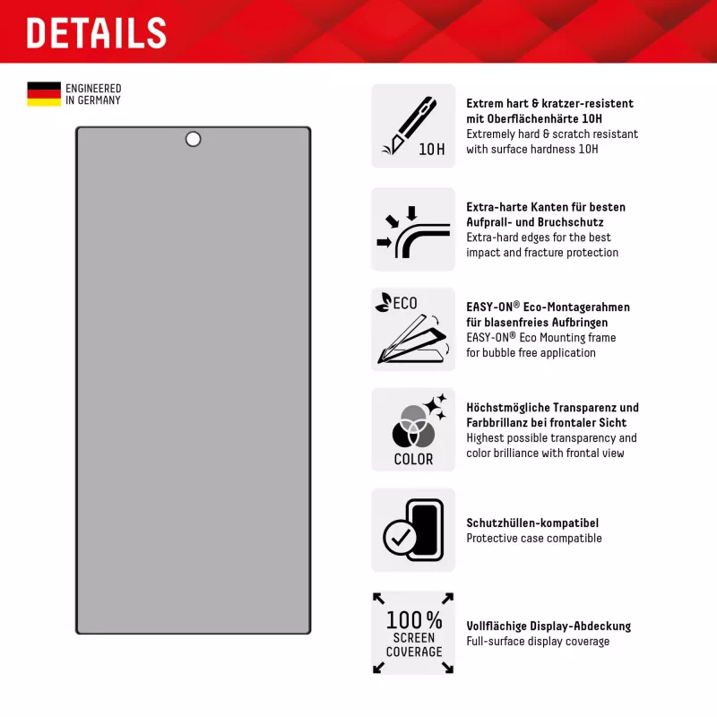 Displex Privacy Ochrona ekranu (10H) do Samsung Galaxy S24 Ultra, Eco Mounting Frame, Privacy Filter