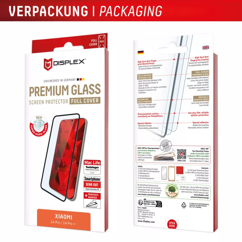 Displex Premium Ochrona ekranu (Full Cover, 10H) dla Xiaomi Redmi Note 13 Pro+/Note 14 Pro(+), ekologiczna ramka montażowa, Full Cover