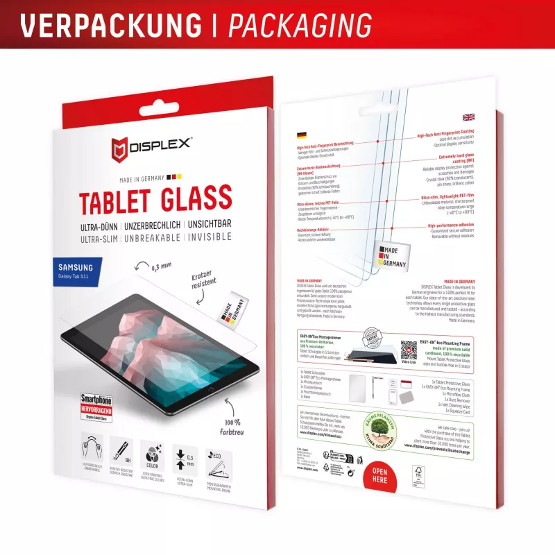 Szkło ochronne na tablet Displex (9H) do Samsung Galaxy Tab S11, ramka montażowa Eco, niezniszczalne