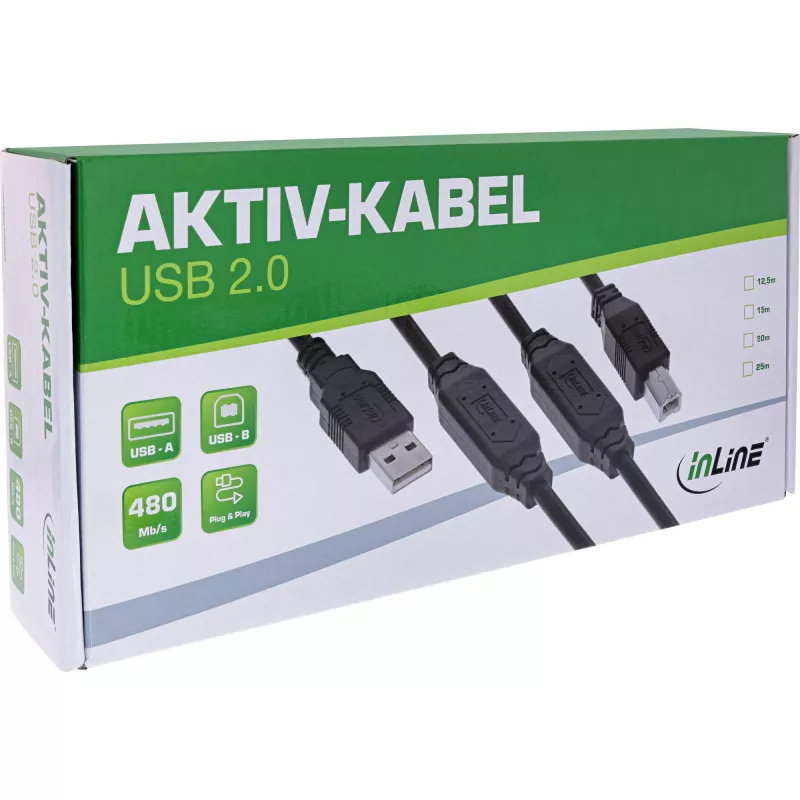 Aktywny kabel InLine USB 2.0, wtyk USB-A na wtyk USB-B, 15 m