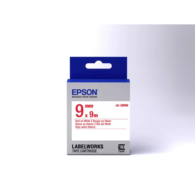 Kaseta z taśmą etykietową Epson Standard LK-3WRN czerwony/biały 9mm (9m), Czerwony na białym, Japonia, 9 mm, 9 m, 1 szt., 25 mm
