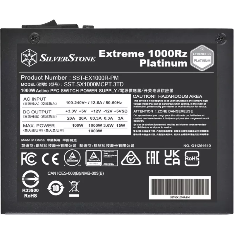 Silverstone Technology Extreme 1000Rz Platinum (czarny, 2x 12-pinowy GPU dużej mocy, 8x PCIe, zarządzanie kablami, 1000 watów)