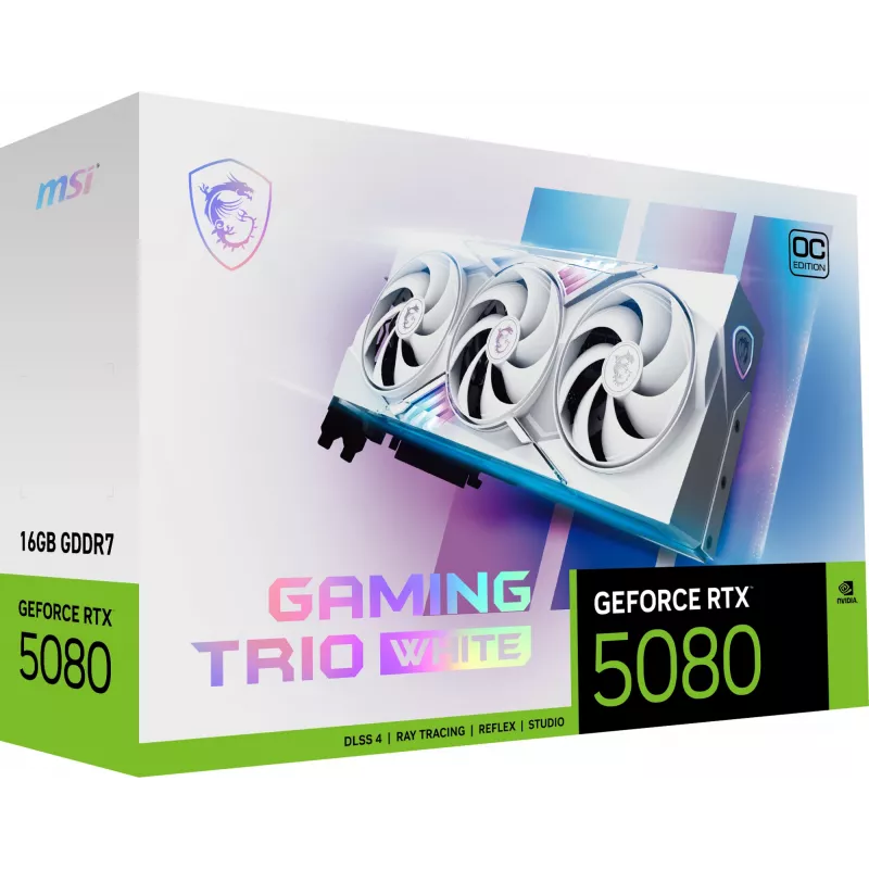 Karta graficzna MSI GeForce RTX 5080 16 GB GDDR7, PCIe 5.0, 256-bit, 3xDP 2.1a + HDMI 2.1b, 360W, 3 wentylatory, Biała