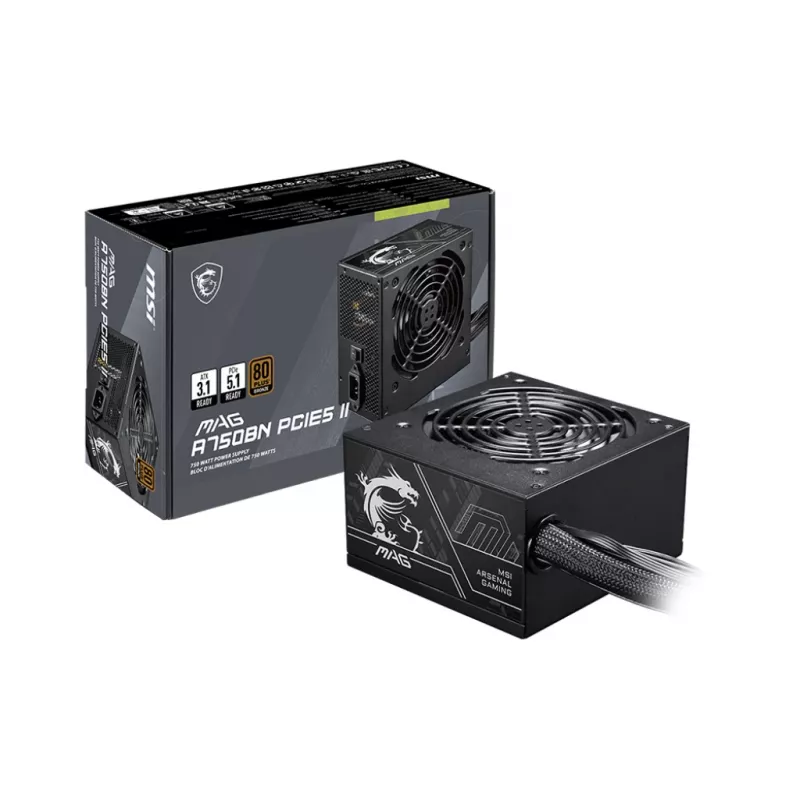 Zasilacz MSI MAG A750BN PCIE5 II 750 W, 24-pin ATX, niemodularny, 80 PLUS Bronze, wentylator 120 mm, czarny