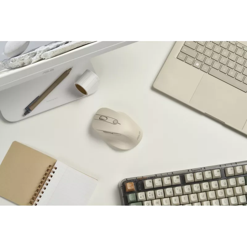 Bezprzewodowa mysz praworęczna ASUS MD105 MK-WH — RF + Bluetooth, 2400 DPI, kółko przewijania, bateria, beżowa