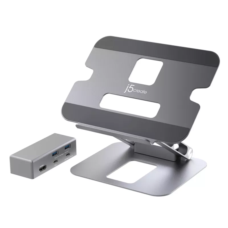 j5create JTS327 Wielokątna stacja dokująca 4K, Podstawka pod laptop, Szary, Aluminium, 40.6 cm (16 cali), 4 kg, Laptop z Windows / Mac
