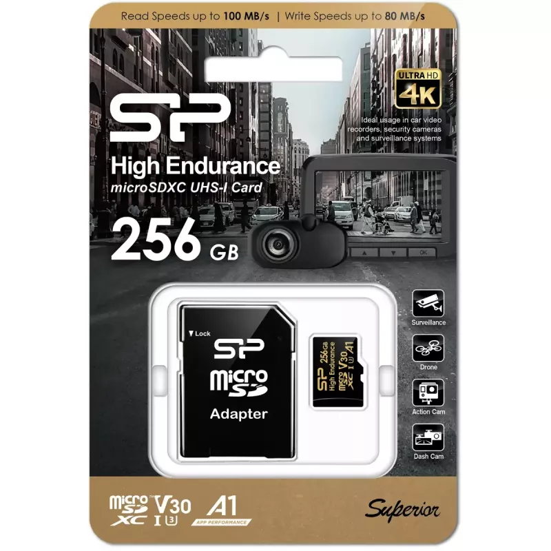 Karta microSDXC Silicon Power SP256GBSTXDV3V1HSP 256 GB Class 10 High Endurance, 3,6 V, 0–70°C