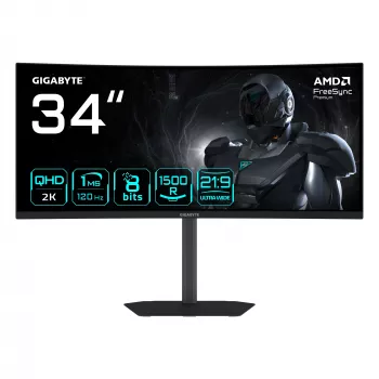 GIGABYTE GS34WQCA Zakrzywiony monitor gamingowy 34 cale WQHD - 3440 x 1440, 1500R, 120 Hz, 1 ms, 300 cd/m², FreeSync Premium, gotowość na HDR, HDMI 2.0, DisplayPort 1.4