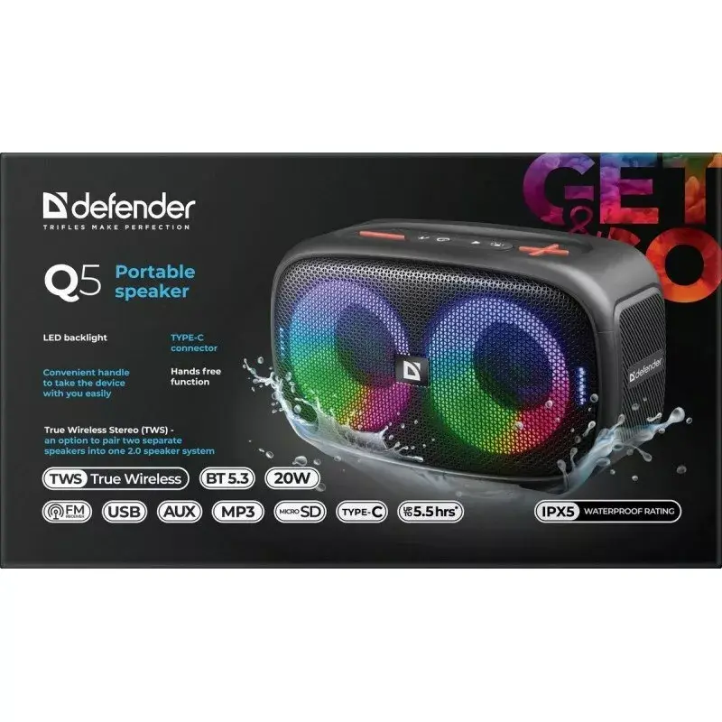 Przenośny głośnik stereo Bluetooth Defender Q5, 20 W, podświetlenie LED, radio FM, TWS