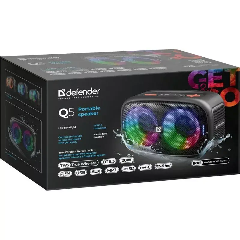 Przenośny głośnik stereo Bluetooth Defender Q5, 20 W, podświetlenie LED, radio FM, TWS