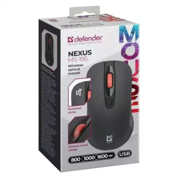 Bezprzewodowa mysz optyczna cicha RF DEFENDER Nexus MS-195 — 1600 DPI, 2.4 GHz, Nano USB, symetryczna, 2×AAA, czarna