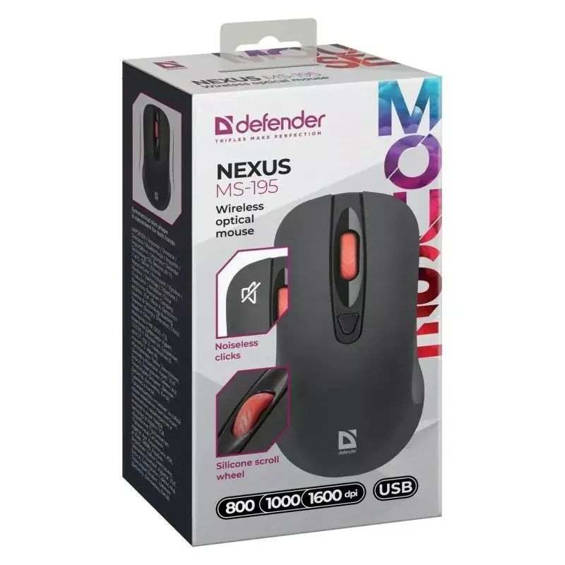 Bezprzewodowa mysz optyczna cicha RF DEFENDER Nexus MS-195 — 1600 DPI, 2.4 GHz, Nano USB, symetryczna, 2×AAA, czarna