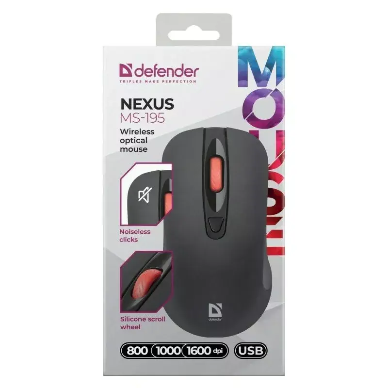 Bezprzewodowa mysz optyczna cicha RF DEFENDER Nexus MS-195 — 1600 DPI, 2.4 GHz, Nano USB, symetryczna, 2×AAA, czarna