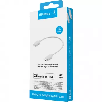 Sandberg USB-C PD do Lightning MFI 0,2M, 0,2 m, Lightning, USB C, męski, męski, biały