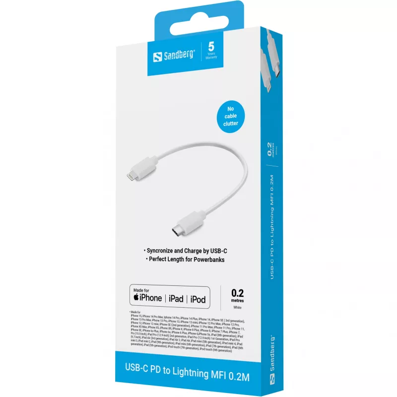 Sandberg USB-C PD do Lightning MFI 0,2M, 0,2 m, Lightning, USB C, męski, męski, biały