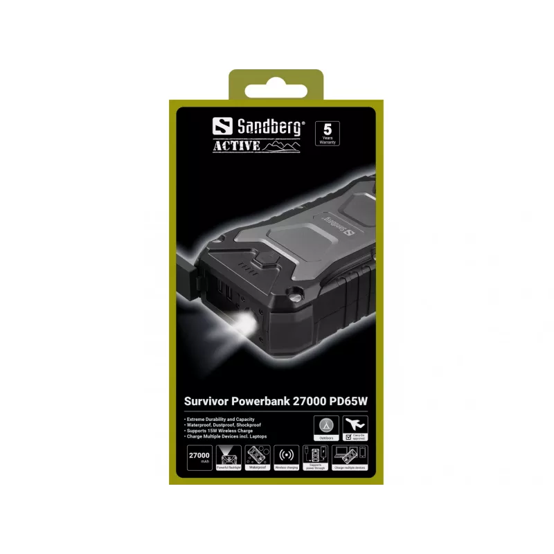 Sandberg Survivor Powerbank 27000 PD65W, 27000 mAh, Power Delivery, Quick Charge 3.0, Ładowanie bezprzewodowe, Czarny