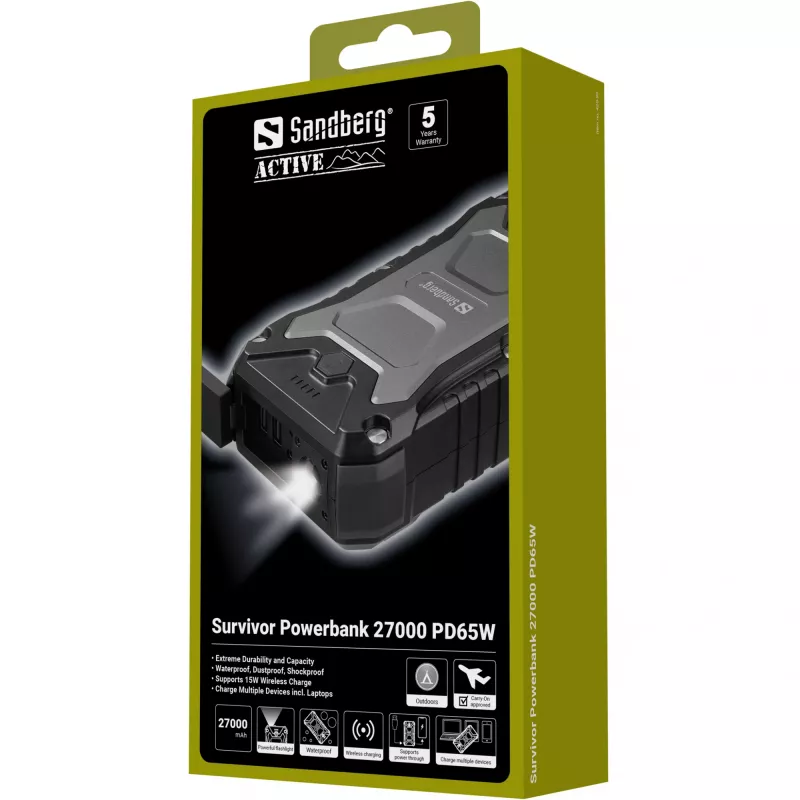 Sandberg Survivor Powerbank 27000 PD65W, 27000 mAh, Power Delivery, Quick Charge 3.0, Ładowanie bezprzewodowe, Czarny