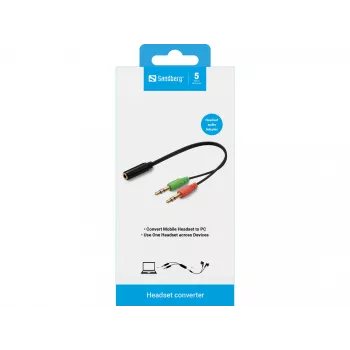Sandberg Headset converter(mobile) PC, 2 x 3.5mm, Męski, 3.5mm, Żeński, Czarny