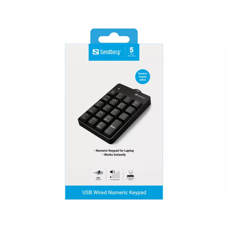 Sandberg USB Wired Numeric Keypad, USB, 19, Laptop/PC, 1,5 m, Czarny