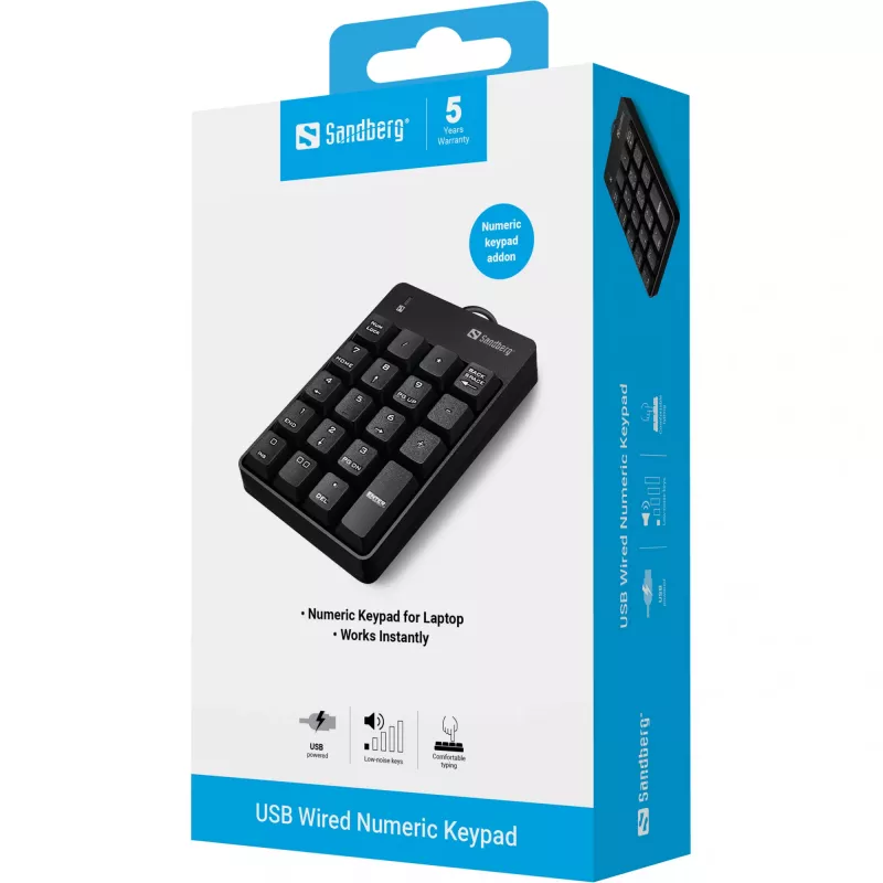 Sandberg USB Wired Numeric Keypad, USB, 19, Laptop/PC, 1,5 m, Czarny