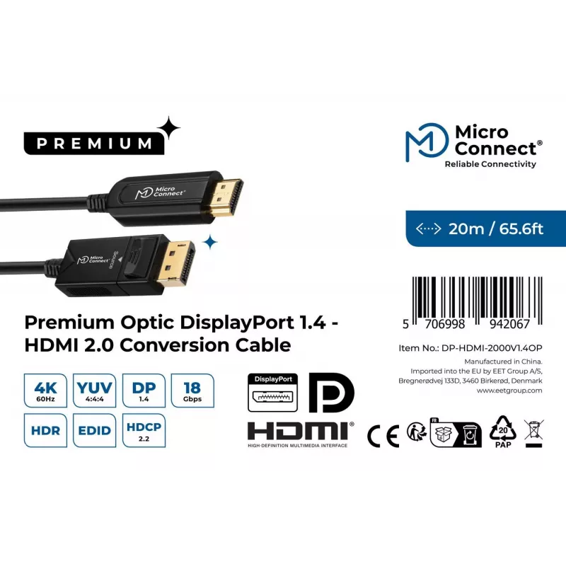 Microconnect DP-HDMI-2000V1.4OP kabel wideo adapter 20 m DisplayPort HDMI Typ A (Standardowy) Czarny