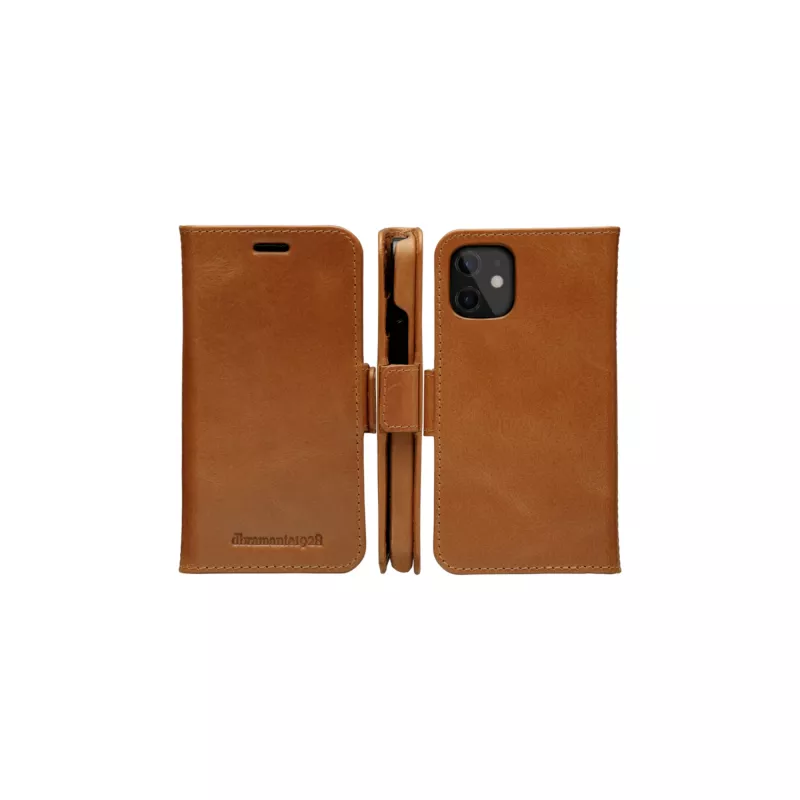 Etui portfelowe dbramante1928 Lynge do iPhone 12 mini (5.4 cala) — Tan, 3 kieszenie na karty, podstawka na biurko
