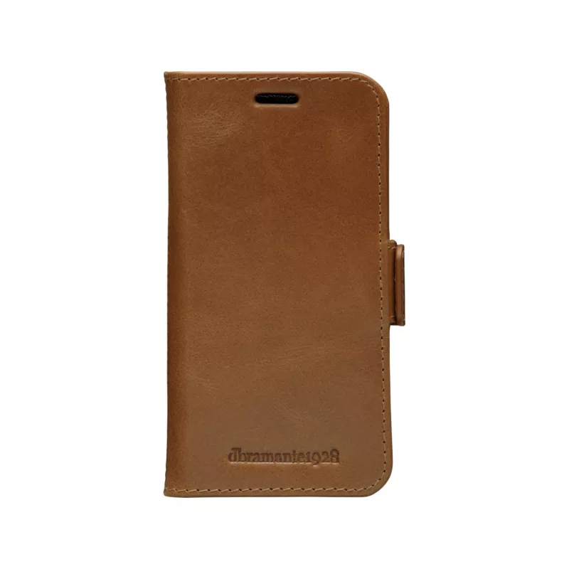 Etui portfelowe dbramante1928 Lynge do iPhone 12 mini (5.4 cala) — Tan, 3 kieszenie na karty, podstawka na biurko