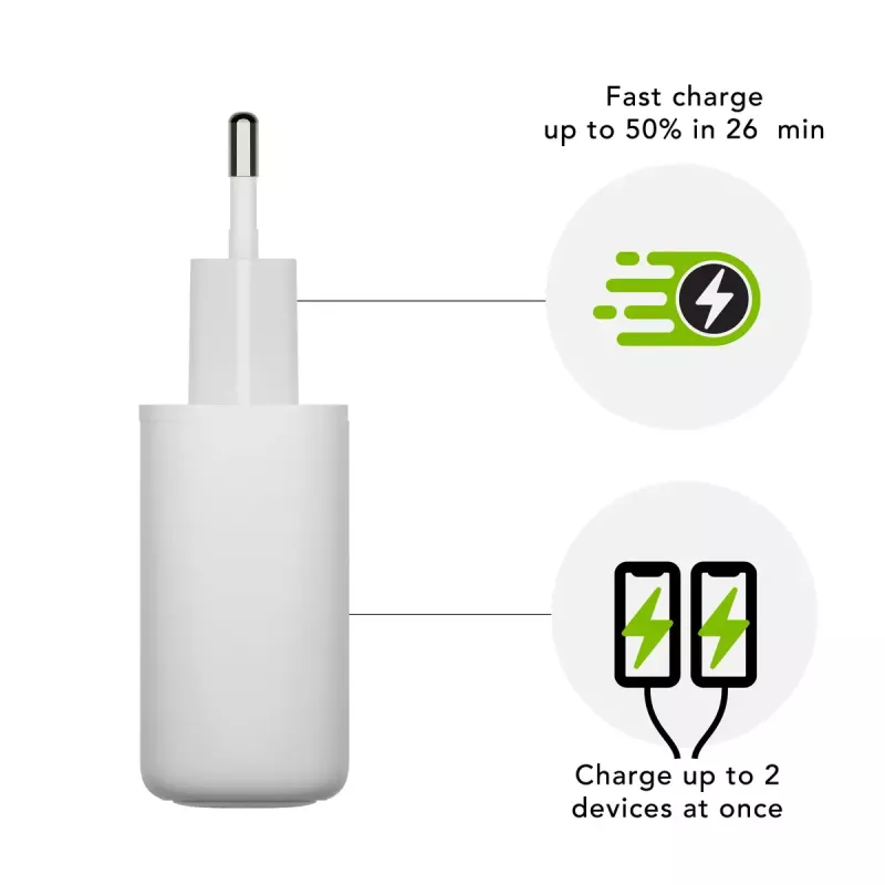 Ładowarka sieciowa d bramante re-charge Pro — 2× USB-C 25W, 110–240V, biała