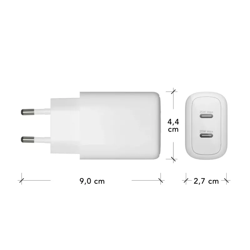 Ładowarka sieciowa d bramante re-charge Pro — 2× USB-C 25W, 110–240V, biała
