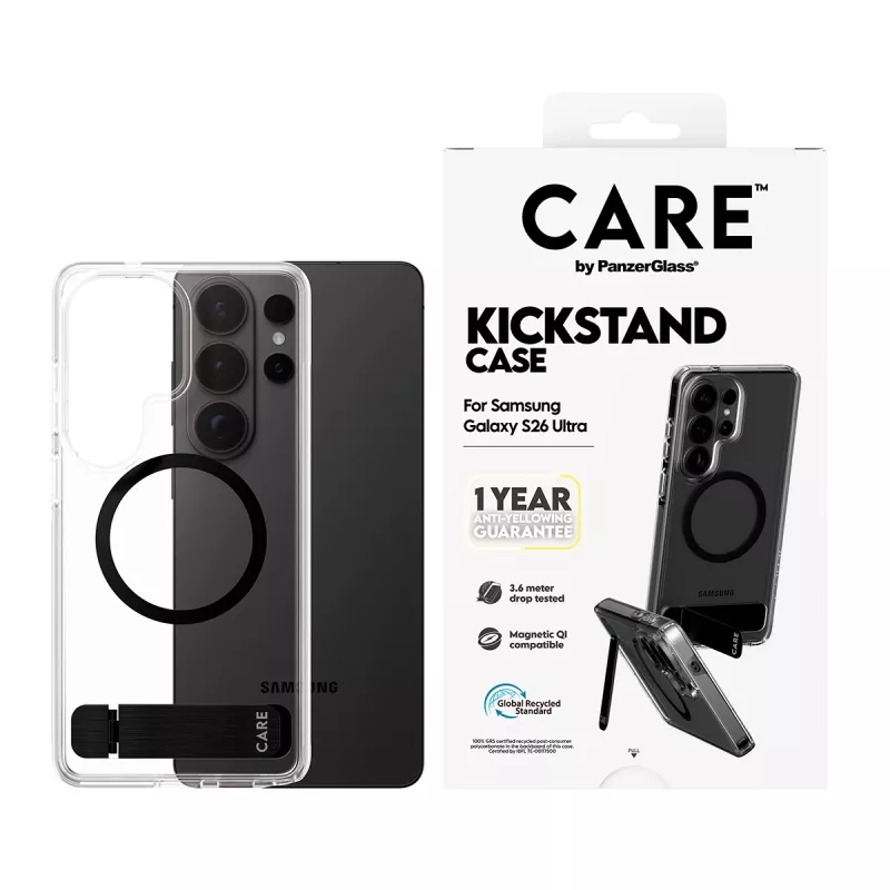 Etui PanzerGlass CARE™ Urban Explorer do Samsung Galaxy S26 Ultra — przezroczysta osłona z czarną podstawką i obsługą Qi
