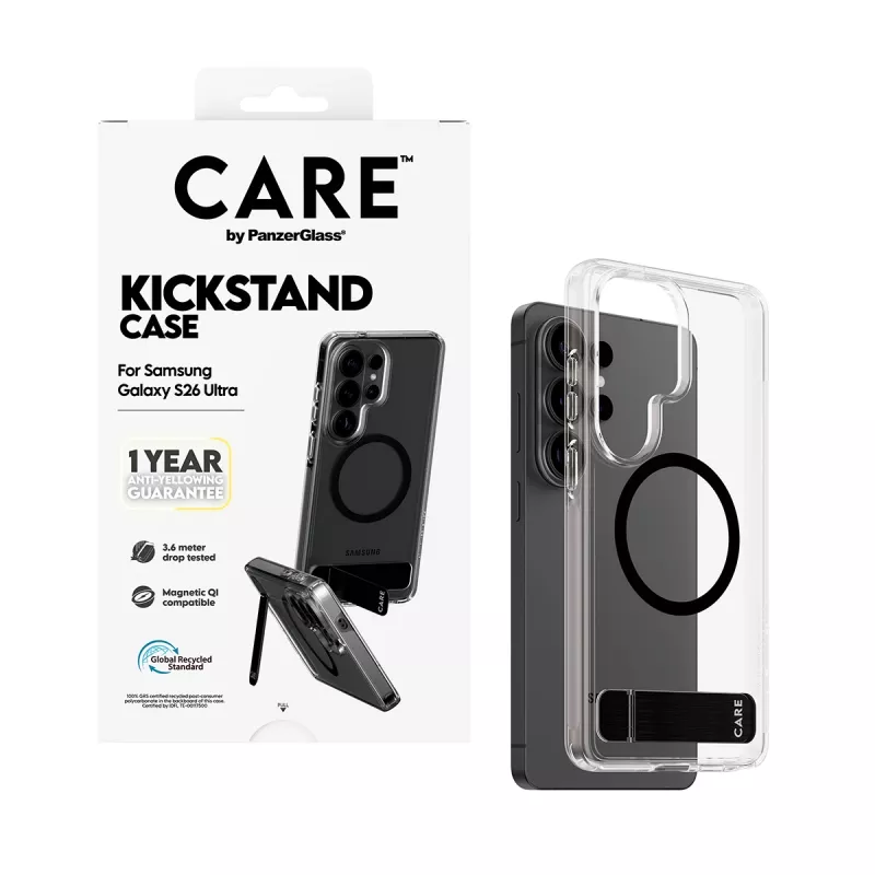 Etui PanzerGlass CARE™ Urban Explorer do Samsung Galaxy S26 Ultra — przezroczysta osłona z czarną podstawką i obsługą Qi