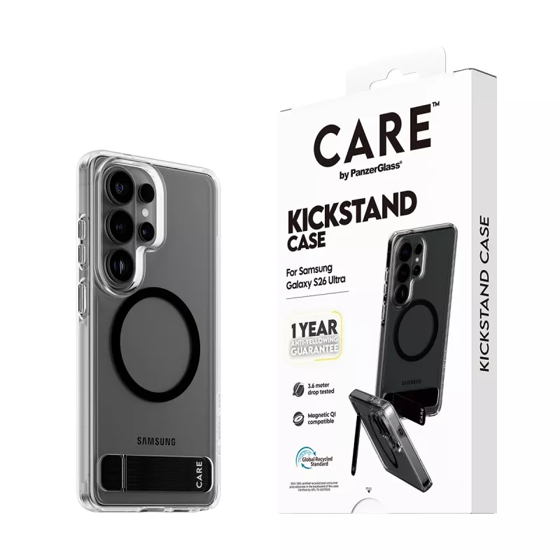 Etui PanzerGlass CARE™ Urban Explorer do Samsung Galaxy S26 Ultra — przezroczysta osłona z czarną podstawką i obsługą Qi