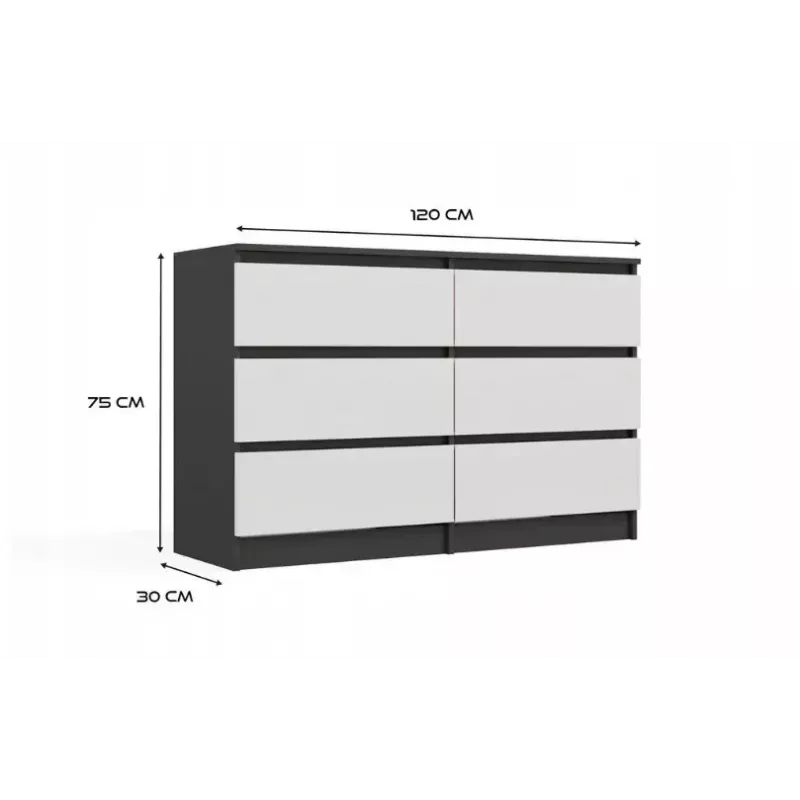 Komoda Top E Shop MALWA M6 120 cm, 6 szuflad, antracytowa rama, białe fronty